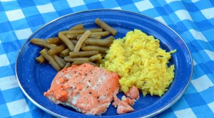Maine meal of wild caught salmon, rice pilaf, green beans