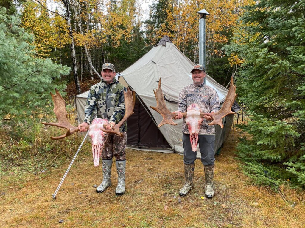 Maine moose camp, Micheal and Adam with Bull moose Canoe the Wild